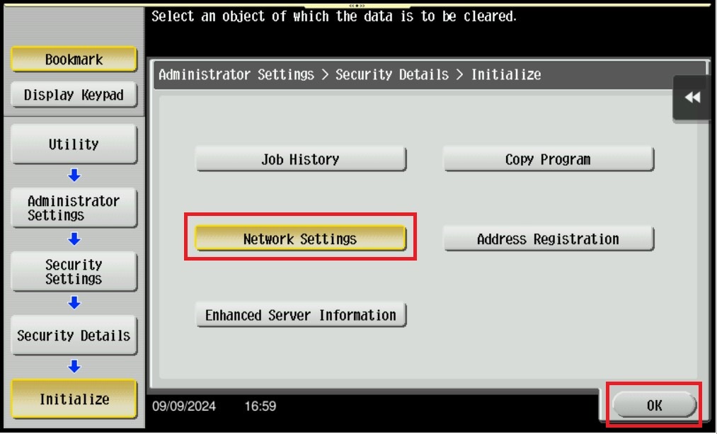 View of How to Initialize Network Settings on machine - Konica Minolta+ Assist