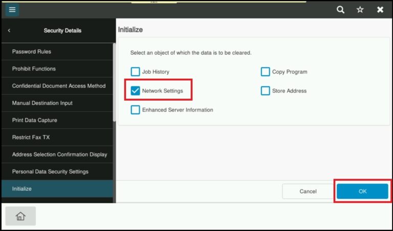 Picture of How to Initialize Network Settings on machine - Konica Minolta+ Assist