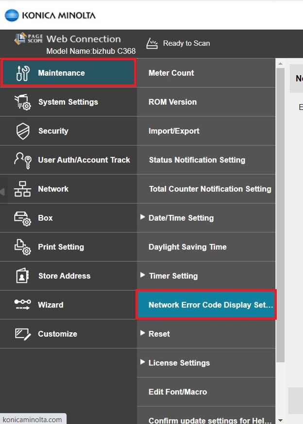How to displaying the Network Error Code on Machine - Konica Minolta+ ...
